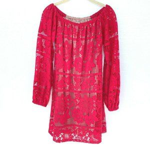 For Love & Lemons Red Daphne Lace Off-Shoulder Long Sleeve Dress Women Sz S $320